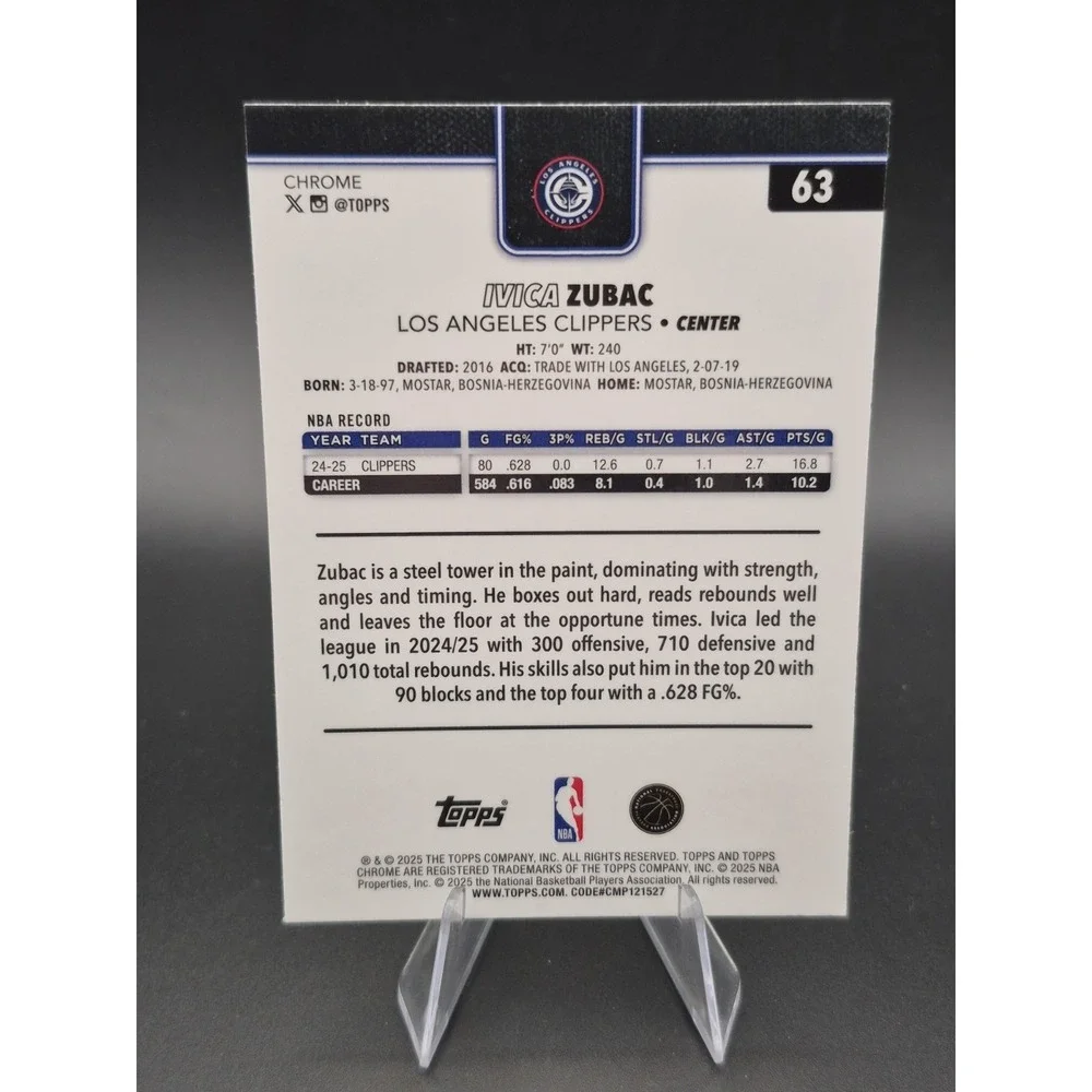 2025-26 Topps Chrome Ivica Zubac #63 Aqua Raywave Refractor /199 L.A.‎ Clippers